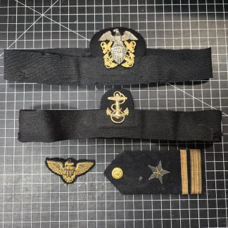 Vintage U.S. Navy Officer Insignia Grouping with Cap Bands, Bullion Pilot Wings, and Single Shoulder Board