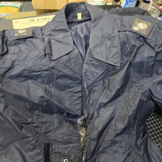 USAF officer’s raincoat, dark blue in color and marked size 38R