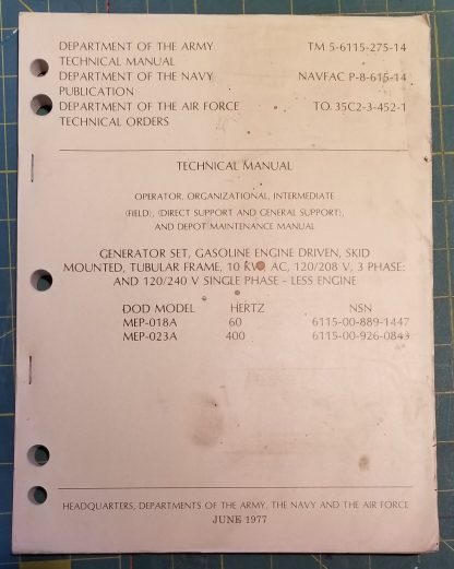 Military technical manual for a gasoline generator
