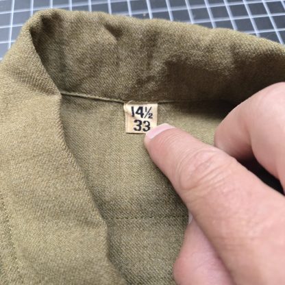 WWII, GI, wool, shirt, mustard, field, army, original, gas flap, uniform, vintage, military, enlisted, 14.5, 33, OD, war, surplus, 1940s, authentic, button