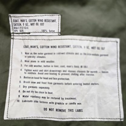 Coat, Man’s, Cotton Wind Resistant, Sateen, Vietnam Era 1963 Small Long