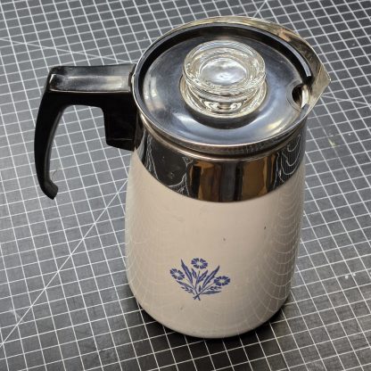 Corning Ware 6-Cup Percolator Coffee Pot- Cornflower Blue pattern, produced circa 1959–1970s