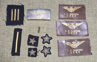 Named USNR Aviator Insignia Grouping to Paul Sampson with Leather A-2 Jacket Name Patches, Wings & Bullion Rank Insignia