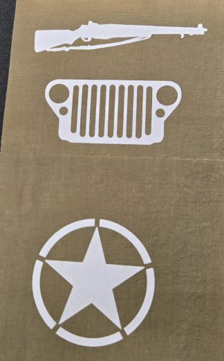 WWII White Iron-On Decals- Star, Jeep, M1 Garand