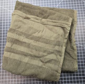 Olive drab military towel measuring 42 by 20 inches